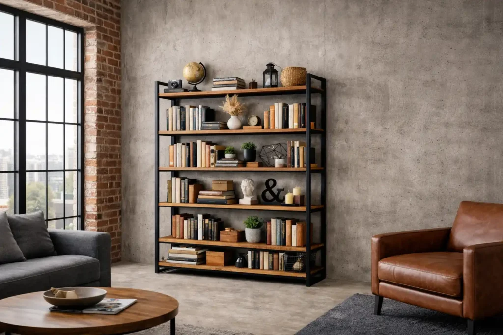 Nowoczesny regał loftowy w stylu industrialnym z czarnej metalowej ramy i drewnianych półek, idealny do salonu — funkcjonalny mebel na książki i dekoracje.