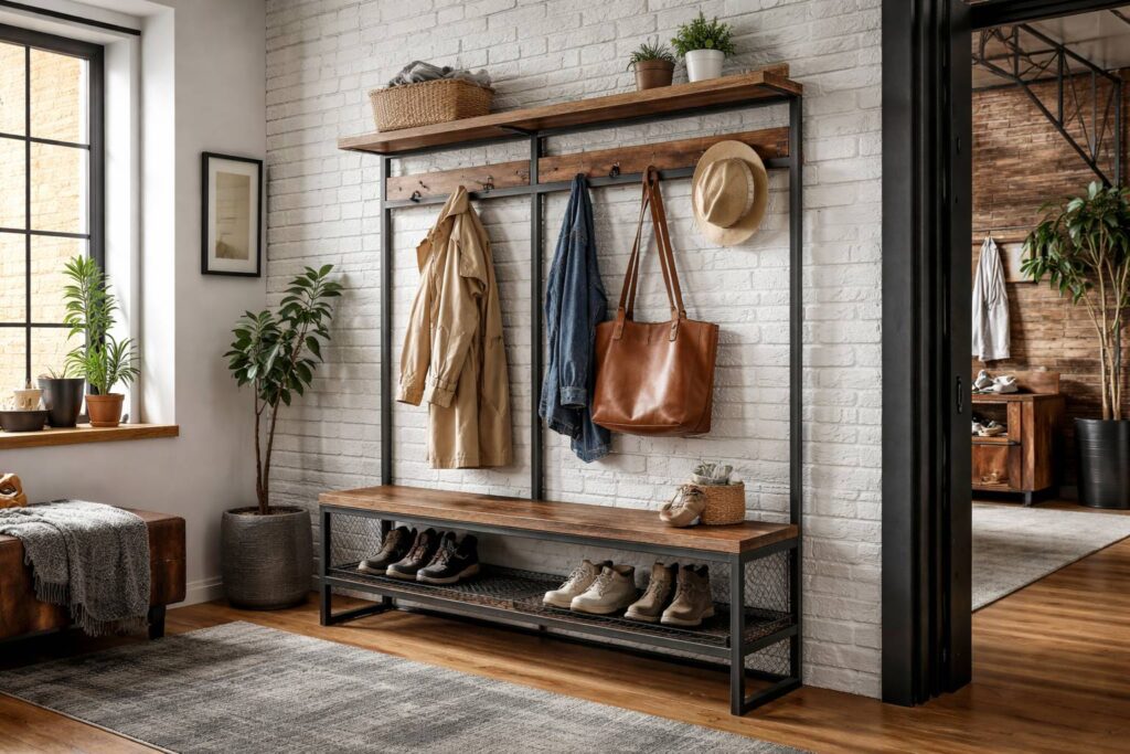 Loftowy wieszak do przedpokoju z metalu i drewna w industrialnym wnętrzu – funkcjonalna aranżacja mieszkania w stylu loft