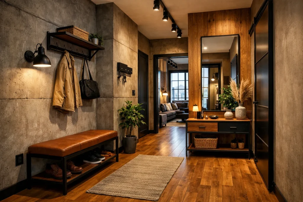 Funkcjonalny i przytulny przedpokój w stylu loft z drewnem, metalem i ciepłym oświetleniem