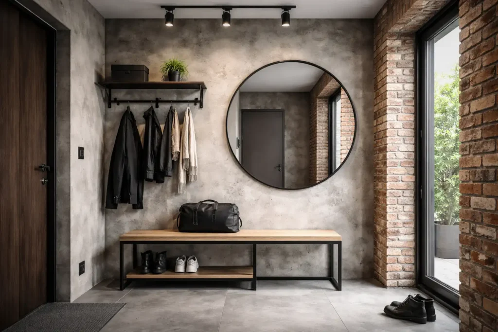 Nowoczesny loftowy przedpokój z jasnymi szafami wnękowymi bez uchwytów, betonowymi ścianami, czarnymi detalami metalowymi i eleganckim lustrem LED